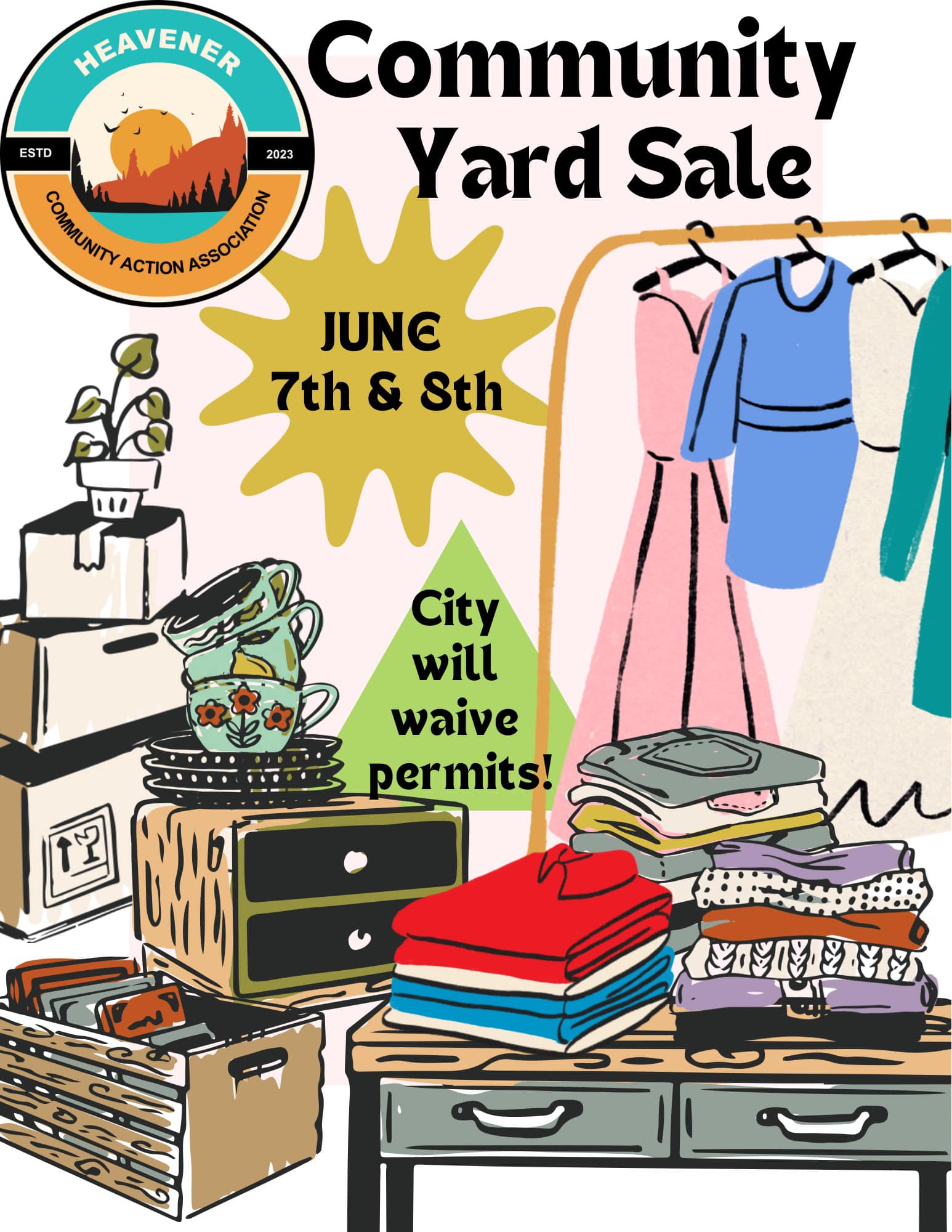 A yard sale flyer with clothes and boxes.